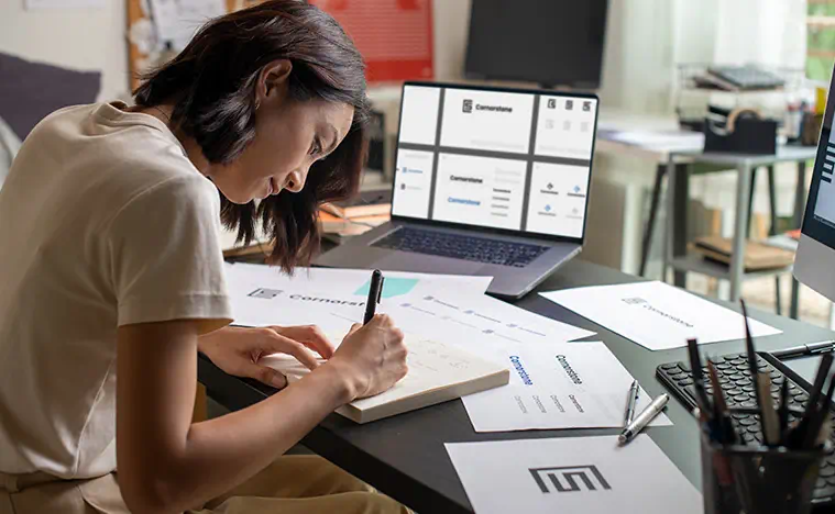 A business woman taking notes on a design.
