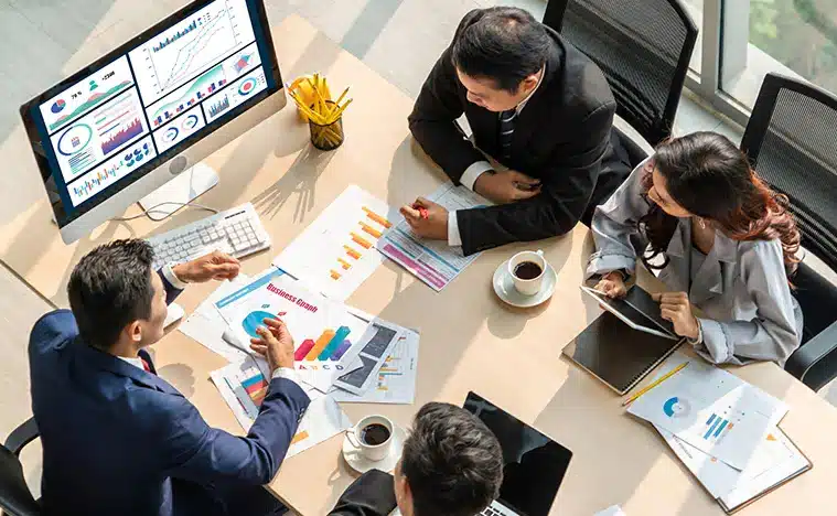 Business data dashboard analysis. Investment display business sales and profit on the computer screen.