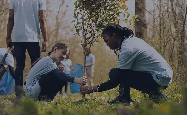 Community Services An adult helping a child plant a tree in the community.